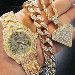 Hip Hop Choker 8" Miami Cuban Bracelet Crystal Rhinestone Watch & Iced Out Geometric Pendant Necklace Gold Colour Jewellery Set