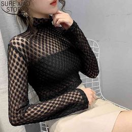 Women Turtleneck Blouse Sexy Lace Bottoming Autumn and Winter Dot Mesh Tops High Elasticity Shirt 11437 210417