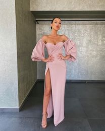 Pink Simple Dusty Satin Prom Gowns Long Plus Size Off the Shoulder Formal Evening Dresses with High Split 2021 Party Dress