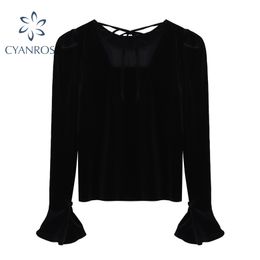 French Vintage Black Women's Blouse Lace-up Design Flare Long Sleeve Shirt Or Tops Elegant Flannel Party OL Ulzzang Blusas 210417