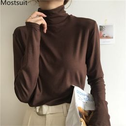 Turtleneck Solid Basic Women Pullover Tshirt Autumn Long Sleeve Slim Fashion Ladies Tops 210513