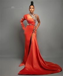 African Nigeria Style Orange Beaded Crystal Mermaid Evening Dresses 20 One Shoulder Sexy Front Split Long Sleeves Pageant Party Prom Gowns Vestidos De Noite 322 322