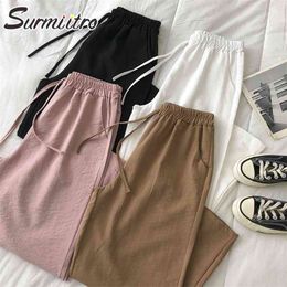 Spring Summer Wide Leg Pants Women Casual Ladies Korean Style Ankle Length High Waist Trousers Female 210421