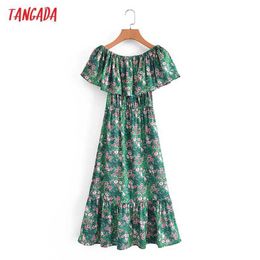 Tangada Fashion Women Green Flowers Print Off Shoulder Beach Dress Vintage Ladies Ruffles Long Dress 3A60 210609