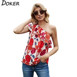 Slash Neck Sexy Print Floral Ruffles Sleeveless Backless Slanted Shoulder Tops Stitching Lotus Lace Summer Women's Clothes 210603