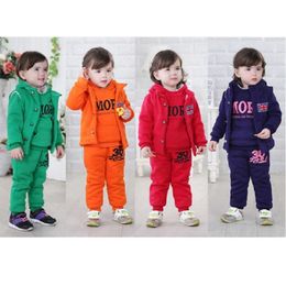 Fashion Baby Girls Clothes Suit Winter Fleece Boys Outerwear Trouser Hooded Coat Pant 3-pieces Clothing Set Children Sport Suits 210413