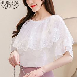 Fashion Blouse And Female Lace Short-sleeve Chiffon Printing Women Ladies Tops White Shirt 3549 50 210415