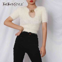 Casual Patchwork Chains T Shirt For Women V Neck Short Sleeve High Waist Hollow Out Slim Chic Tops Female 210524