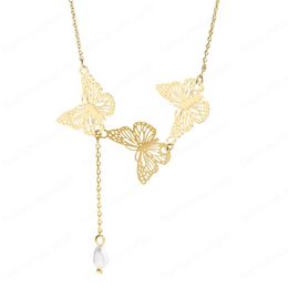 Stainless Steel Butterfly Necklace Korean Style Necklaces With Pearl Pendant Unusual Choker Chain Jewelry