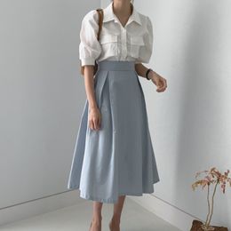 Casual Office Womens Summer Two Piece Sets White Half Sleeve Turn Down Collar Blouse Shirt + Blue Hight Waist Draped Skirt Suit 210514