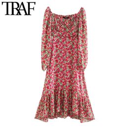 TRAF Women Chic Fashion Floral Print Ruffled Midi Dress Vintage Puff Sleeve Side Zipper With Lining Female Dresses 210415