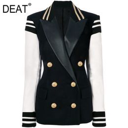 High End Women Coat Threaded Cuffs Double Row Metal Lion Button Contrast Leather Jacket Fashion spring GD1079 210421