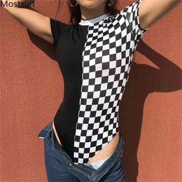 Checkerboard Bodysuit Women Summer Spring Skinny Sexy Short Sleeve Plus Size Vintage Streetwear 210513