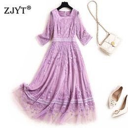 High End Spring Designers Runway Fashion Embroidery Gauze Dress Women Elegant Sexy Celebrity Party Dresses Midi Robe Vestidos 210601