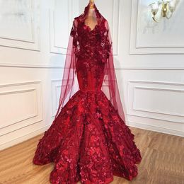 Vinho Vermelho Vermelho Vestido de Noiva Personalizado Feito Sem Mangas 3D Flores 3D Sereia Lace Applique Pérolas Noiva Vestido Bridal