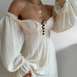 Foridol sexy backless autumn winter short dress women off shoulder long sleeve A-line dress casual ruffle cotton dress 210415
