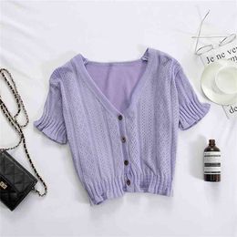 HELIAR T-shirt Women Purple V-Neck Button Up Summer Tees Short Sleeve Knitting Casual Street Outwear T-shirts For Women Tops 210330