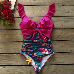 Sexy Swimsuit Female Swimwear Women Print Floral Bandage Shoulder Ruffle Brazilian Backless Monokini 210712