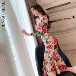 Floral Dress Women's Summer Square Collar Slim High Waist Long Sleeve Knee-length Fishtail Dresses Female 210427