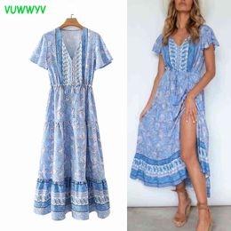 Summer Dresses for Women Blue Bohemian Print Chiffon Maxi Dress Woman Short Sleeve Pleated Waist Holiday Vestidos Belt 210430