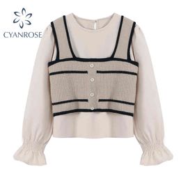 Vest T Shirt Outfits Women Spring Lantern Long Sleeve O-Neck Korean Crop Tops And Tees For Female Trendy Elegant Pullover 210417
