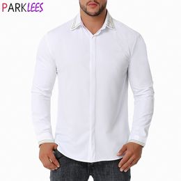 Gold Embroidery Mens Dress Shirts Brand Long Sleeve Slim Fit Chemise Casual Button Down Shirt for Male Camisas White 210522