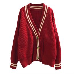 PERHAPS U Sweater Knitted Single Breasted Cardigans V Neck Autumn Red White Bordure M0126 210529