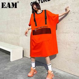 [EAM] Women Black Orange Big Size Pocket Dress Round Neck Half Sleeve Loose Fit Fashion Spring Autumn 1DD6148 21512