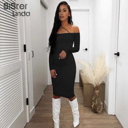 Sisterlinda Elegant Office Lady Slash Neck Maxi Dress Women Long Sleeve Skinny Strapless Bodycon Party Club Night Activewear2021 Y1006