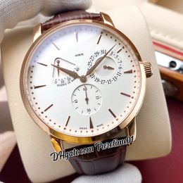 43mm Traditionnelle A21J Automatic Mens Watch Power Reserve Rose Gold White Dial Stick Markers Brown Leather Strap Sports Watches2 Styles Puretime01 E150b2