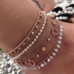 Tocona Charm Shiny Crystal Pendant Anklet Set White Beads Fine Gold Anklets Multilayer Geometric Pendant Foot Chain Jewellery 8616