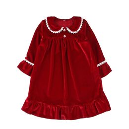 Christmas Pyjamas Red Velvet Evening Gowns With White Lace Trim Vintage Pjs For Kids Girls Nightdress 211109