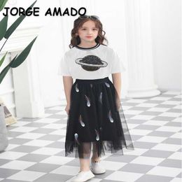 Summer Teenagers Girls 2-pcs Sets Cartoon Universe T-Shirts Top + Feather Skirt Teen Clothing E539 210610