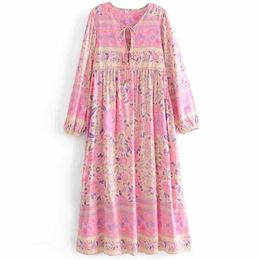 INSPIRED pink floral dress women cotton tassel tied casual long sleeve dress new bohemian summer dress new 210412