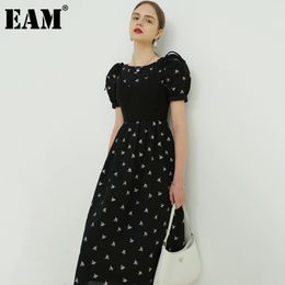 [EAM] Women Black Embroidery Long Temperament Dress Round Neck Short Puff Sleeve Loose Fashion Spring Summer 1DD8729 21512