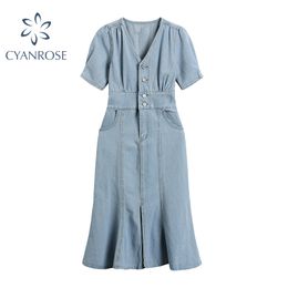 Blue Denim Dress Women Short Sleeve High Waist Slim Vintage V Neck Buttons Jean Dresses Elegant Retro Korean Ins Vestidos Mujer 210417