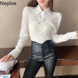 Neploe Women Blouses Patchwork Knitted Pullovers Fake Two Korean Fashion Sweaters Women Puff Sleeve Jumper Tops Woman 4F929 210422
