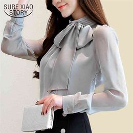 Autmun long sleeve shirt women fashion s tops and blouses solid bow stand collar office blusas 1286 40 210506