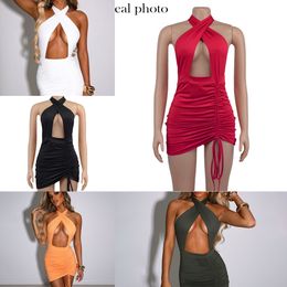Simenual Drawstring Halter Neck Party Dresses Ruched Bandage Hot Sexy Club Night Birthday Outfit Women Skinny Mini Summer Dress X0629
