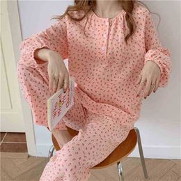 Two Pieces Suit Sweet Printing Cotton Gentle Nightwear Soft Casual Loose Fashion Long Sleeves Pyjamas Set 210525