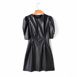 Women elegant black leather dress fashion ladies short sleee sun-es party female slim faux girls chic 210427