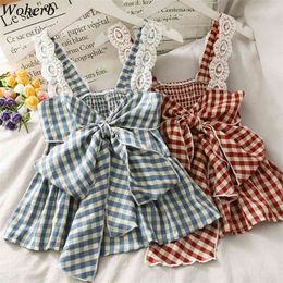 Korean Fashion Clothing Crop Top Women Plaid Ruffle Lace Tank Summer Cute s Kawaii Blusas Mujer De Moda 210519