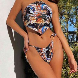 Colourful Print Halter Top Bikini Sexy Summer Side Lace-up Micro Thong Baithing Suit Brazil Women Black Harajuku Swimwear 210604