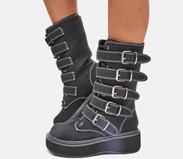 Girls Punk Style Thick Bottom Platform Belt Buckles Mid-calf Boots Woman Round Toe Rock Zipper Back Casual Short Booties Shoes