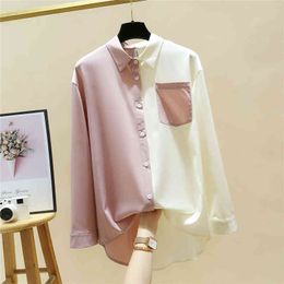 Hit Spring Shirts For Women Turn Down Collar Long Sleeves Two-tone Pocket Loose Chiffon Shirt Tops Office Lady Blouses 210428