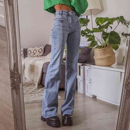 Woman jeans flare high Waist blue Jeans patchwork Denim pants Streetwear Vintage Quality Fashion long Straight Pants 210524