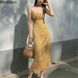Yellow Houndstooth Printed Women Dress Summer Sleeveless Spaghetti Strap Long Dresses Sexy Elegant Ladies Vestidos Femme 210513