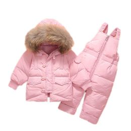 1-3y Baby Boys Snowsuits Children's Down Jacket Winter Clothes Overalls Solid Colour Big Fur Hooed Zipper Fashion Down Jacket Set H0909
