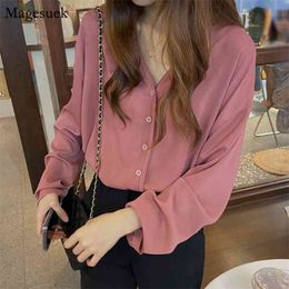 Autumn Long Sleeve Chiffon Blouse Women V-neck Cardigan Oversized Shirt Solid Loose Blouses Casual Womans Tops 11119 210512