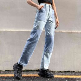 Pantaloni dritti a vita alta patchwork moda Jeans donna Autunno Harajuku Pantaloni blu denim Y2K Pantaloni streetwear a figura intera 210415